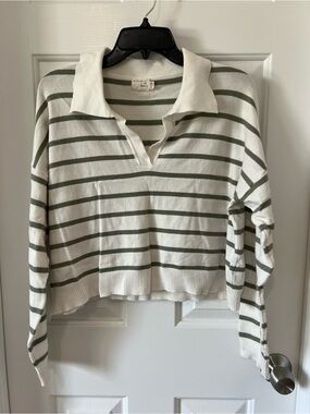 White & Olive Stripe Collared Long-Sleeve Top